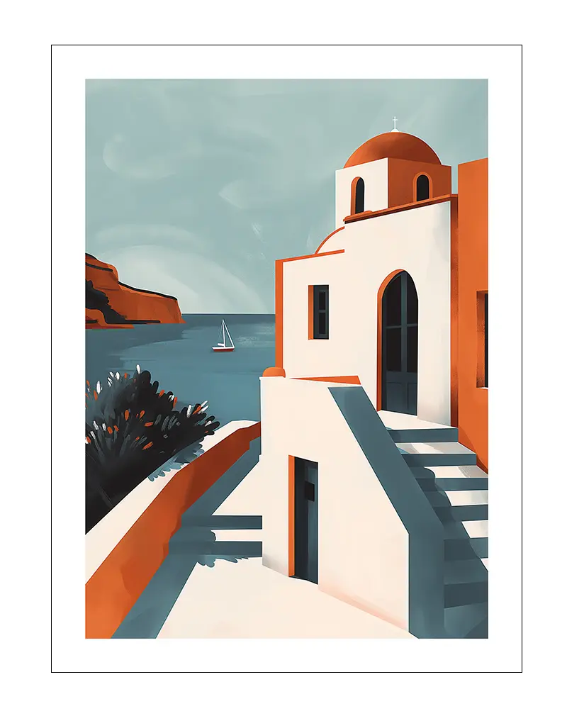 A stunning illustration of a Greek island with a white and orange building by the sea, featuring a sailboat on the horizon. This coastal wall art brings a serene Mediterranean vibe to your living space, perfect for adding a touch of vacation charm