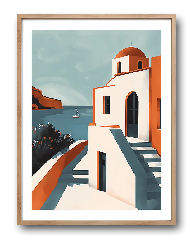 A stunning illustration of a Greek island with a white and orange building by the sea, featuring a sailboat on the horizon. This coastal wall art brings a serene Mediterranean vibe to your living space, perfect for adding a touch of vacation charm