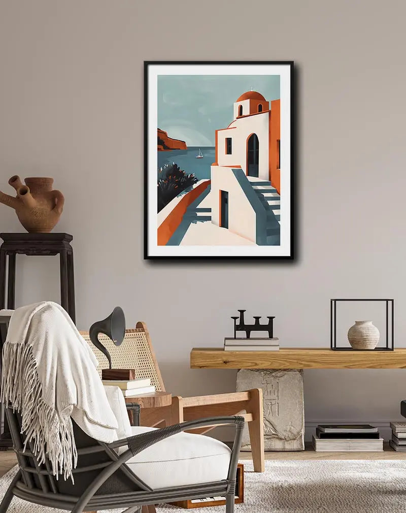 A stunning illustration of a Greek island with a white and orange building by the sea, featuring a sailboat on the horizon. This coastal wall art brings a serene Mediterranean vibe to your living space, perfect for adding a touch of vacation charm