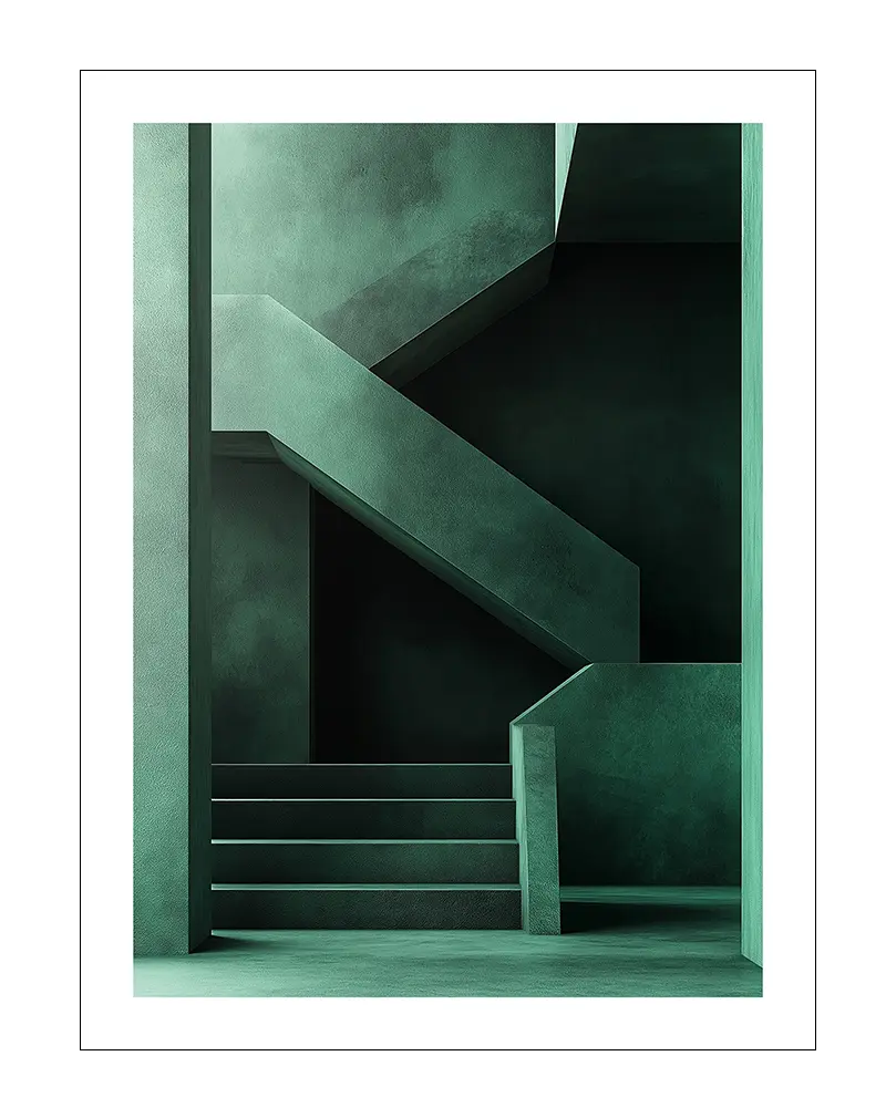 A stunning architectural illustration of a modern green staircase with minimalist geometric design and dramatic shadows.