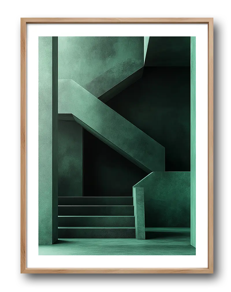 A stunning architectural illustration of a modern green staircase with minimalist geometric design and dramatic shadows.