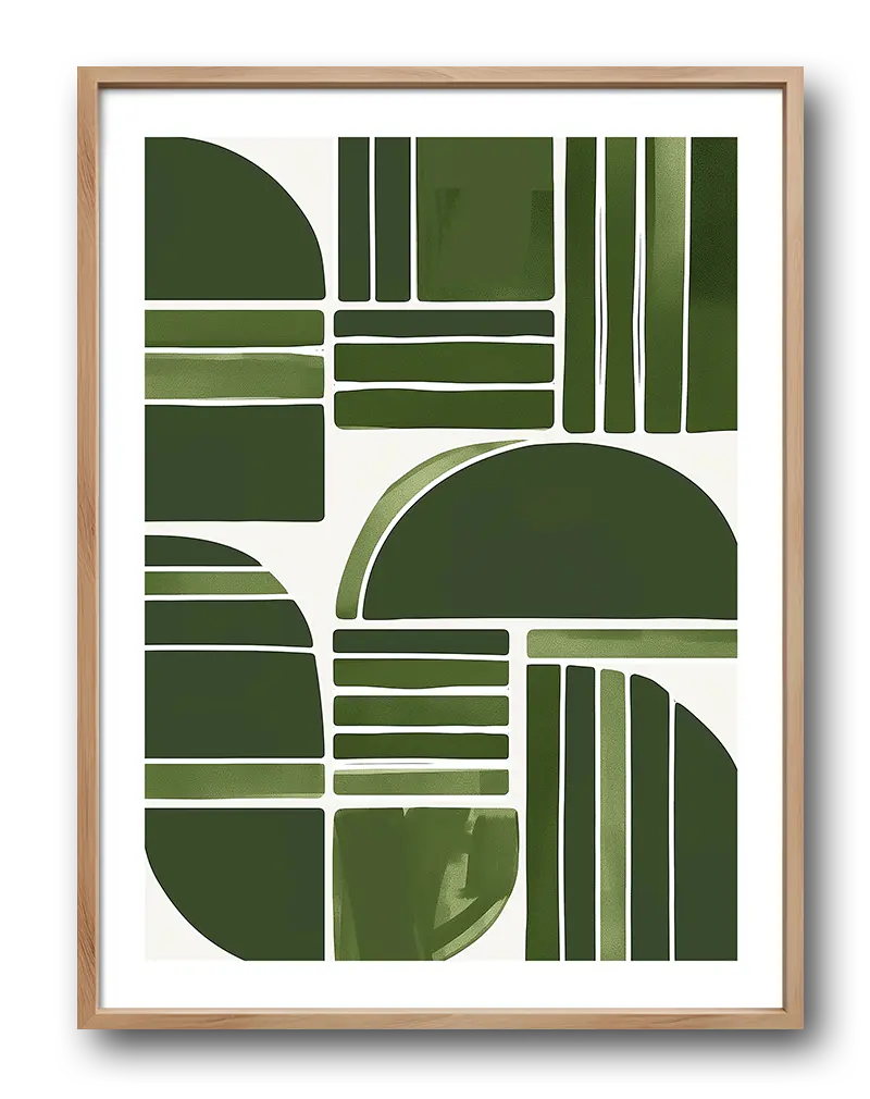 An abstract illustration featuring green geometric shapes and lines in a modern composition. This minimalist wall art adds a fresh and contemporary feel, perfect for modern home decor