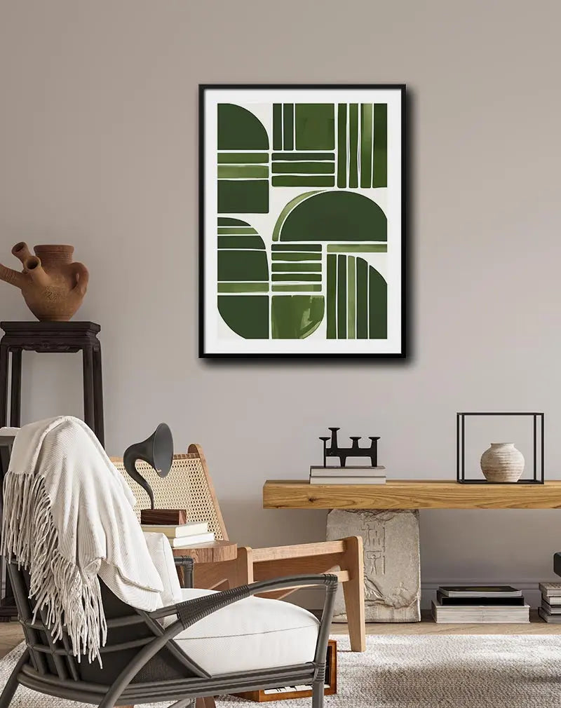 An abstract illustration featuring green geometric shapes and lines in a modern composition. This minimalist wall art adds a fresh and contemporary feel, perfect for modern home decor