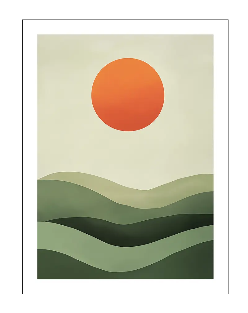 Minimalistic illustration of green hills under an orange sun. A calming and modern wall art for a peaceful and stylish interior.