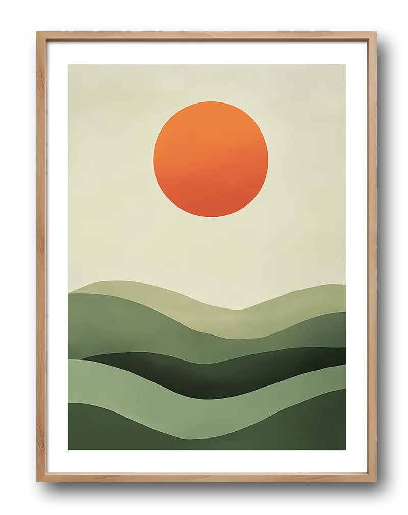 Minimalistic illustration of green hills under an orange sun. A calming and modern wall art for a peaceful and stylish interior.