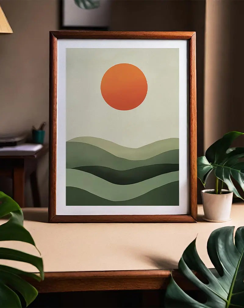 Minimalistic illustration of green hills under an orange sun. A calming and modern wall art for a peaceful and stylish interior.