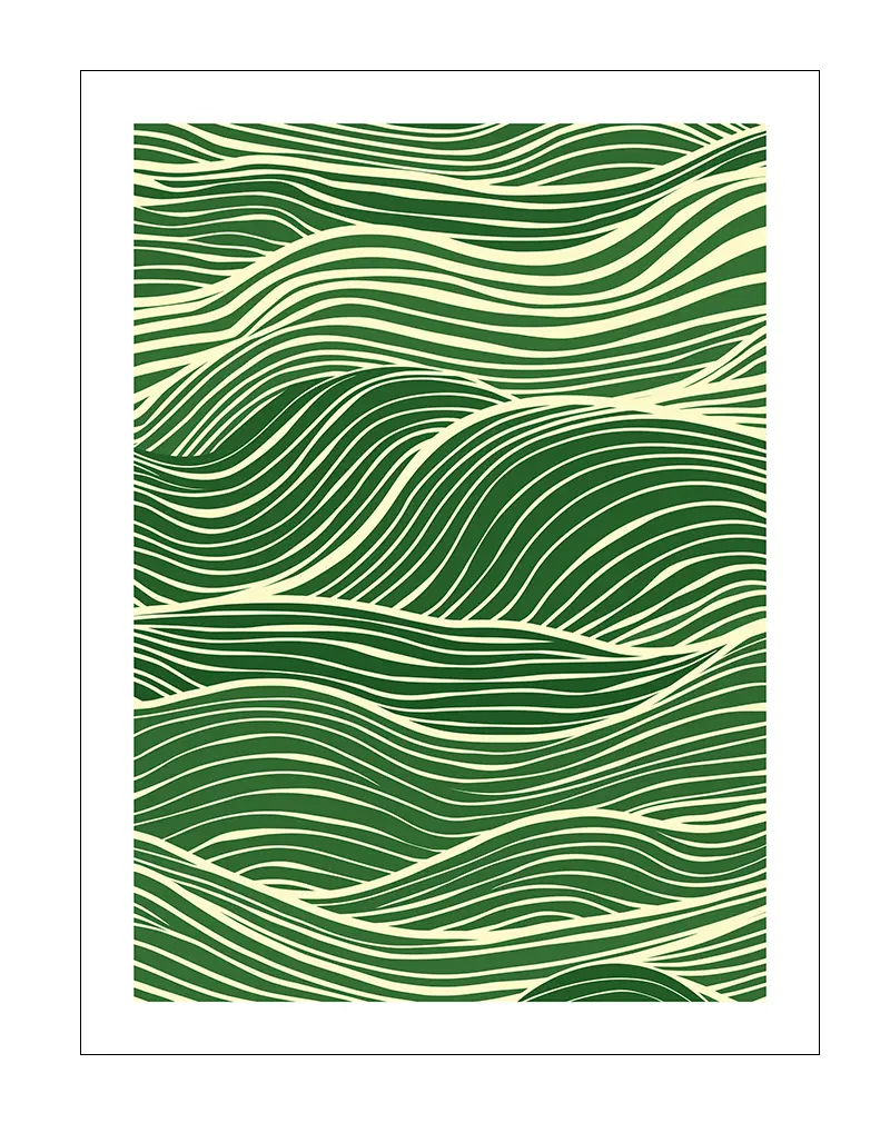 An abstract illustration featuring green flowing lines that create a sense of movement and fluidity. This modern wall art brings a serene and organic vibe, perfect for enhancing a contemporary interior space