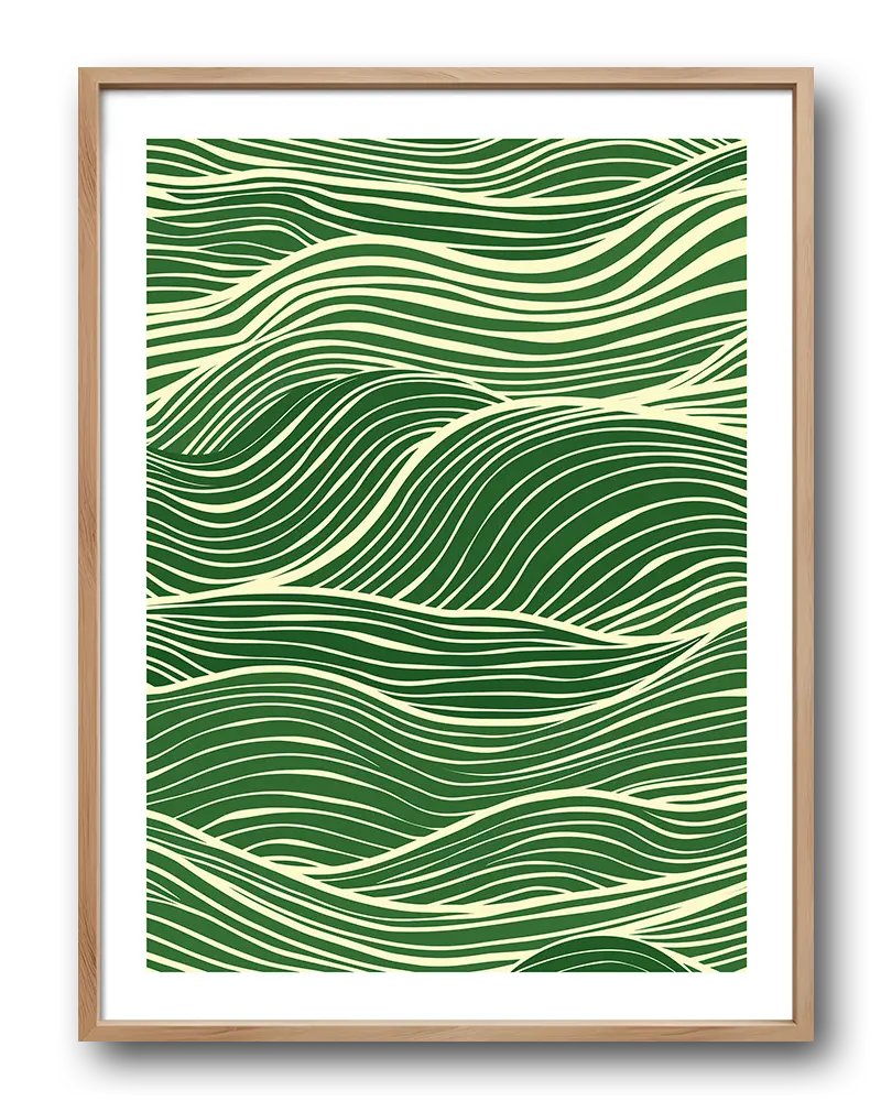 An abstract illustration featuring green flowing lines that create a sense of movement and fluidity. This modern wall art brings a serene and organic vibe, perfect for enhancing a contemporary interior space