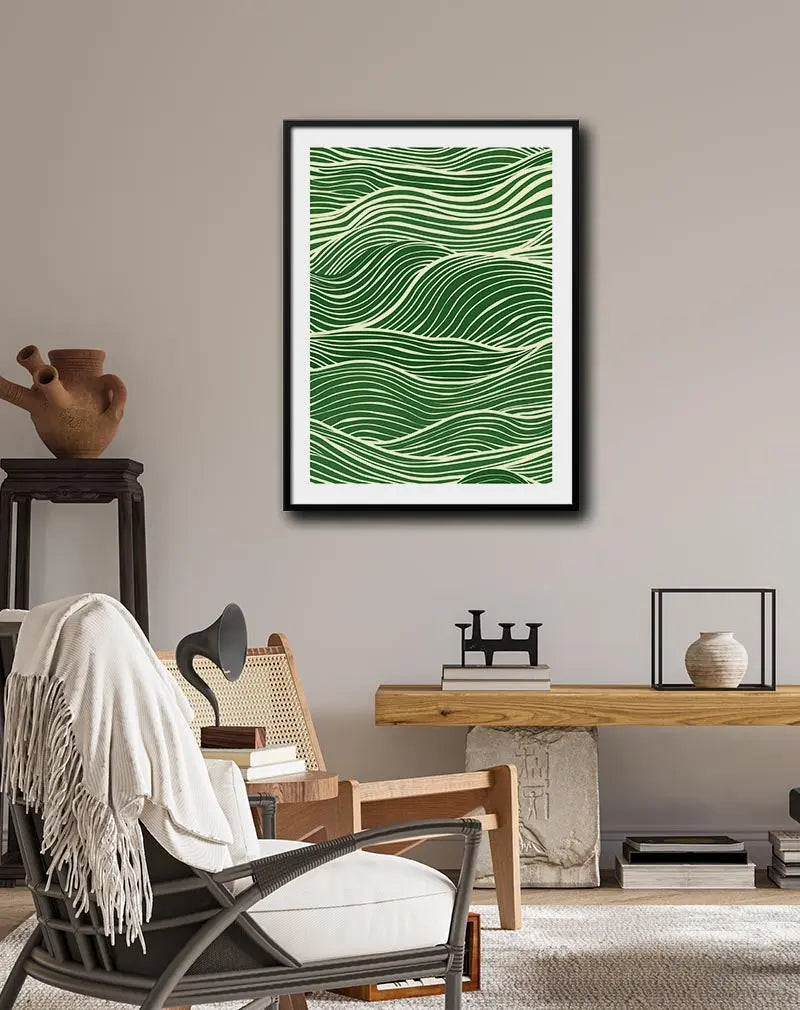 An abstract illustration featuring green flowing lines that create a sense of movement and fluidity. This modern wall art brings a serene and organic vibe, perfect for enhancing a contemporary interior space