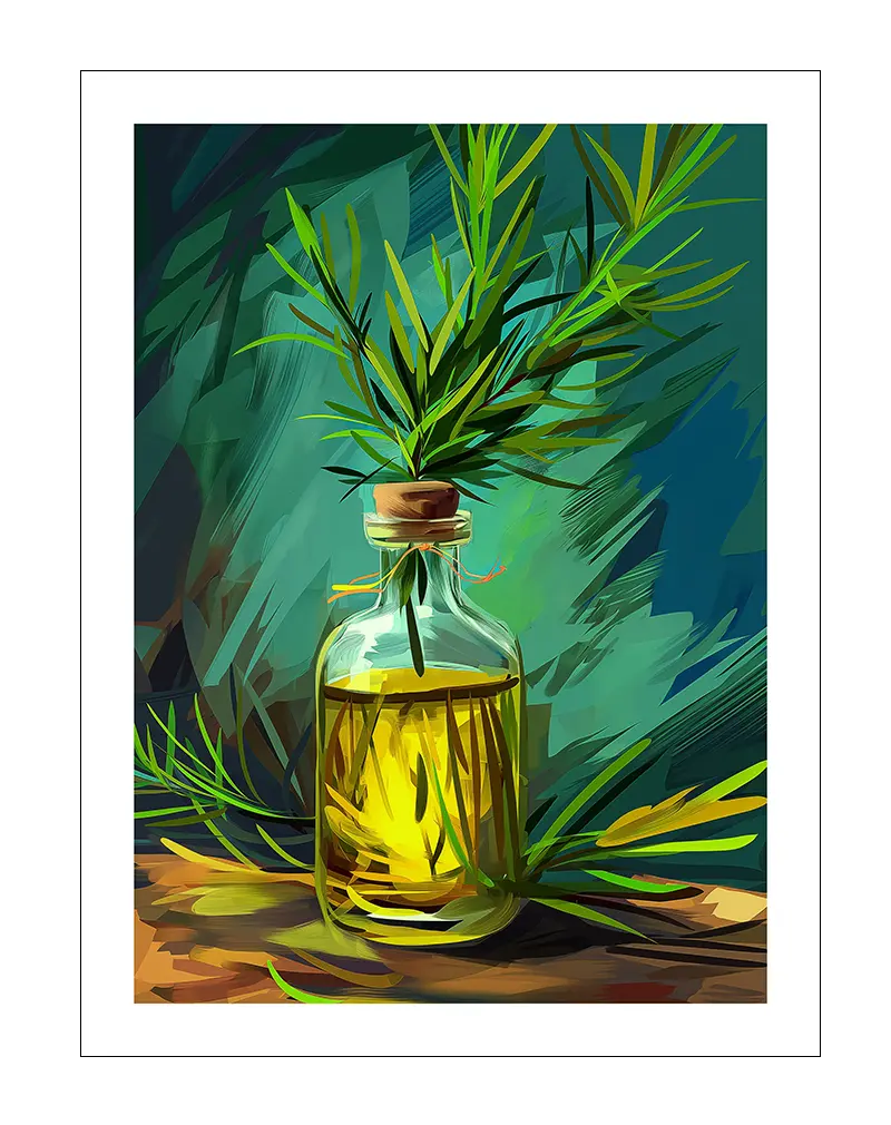 An illustration of a glass bottle filled with herbal oil, adorned with fresh green sprigs. This vibrant wall art adds a touch of nature and calmness, making it perfect for kitchens, spas, or wellness spaces