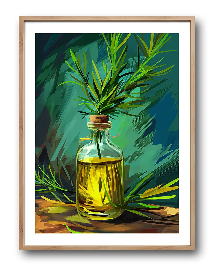 An illustration of a glass bottle filled with herbal oil, adorned with fresh green sprigs. This vibrant wall art adds a touch of nature and calmness, making it perfect for kitchens, spas, or wellness spaces