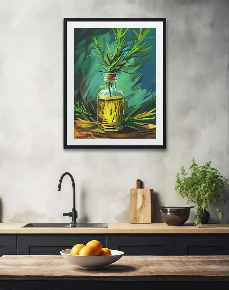 An illustration of a glass bottle filled with herbal oil, adorned with fresh green sprigs. This vibrant wall art adds a touch of nature and calmness, making it perfect for kitchens, spas, or wellness spaces