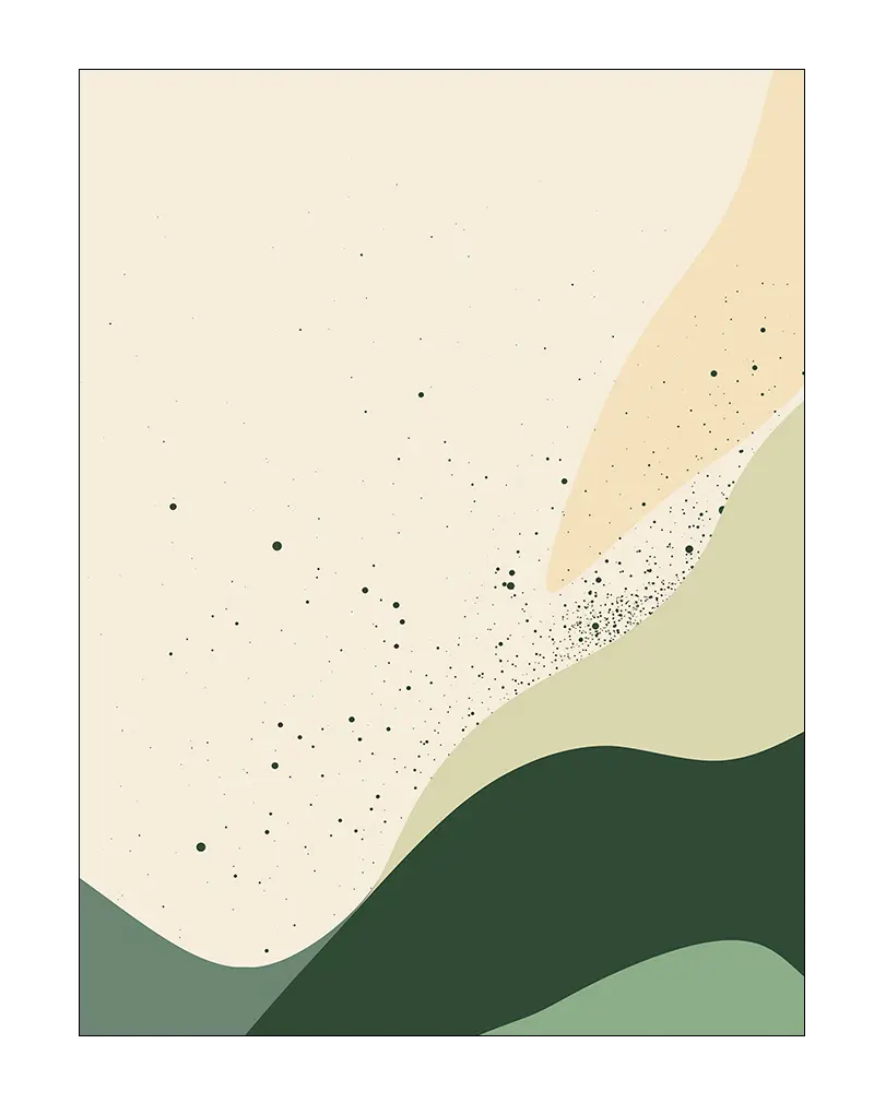 A minimalistic abstract design featuring soft green waves and speckled textures on a beige background. This calming wall art is perfect for creating a serene atmosphere in modern living spaces