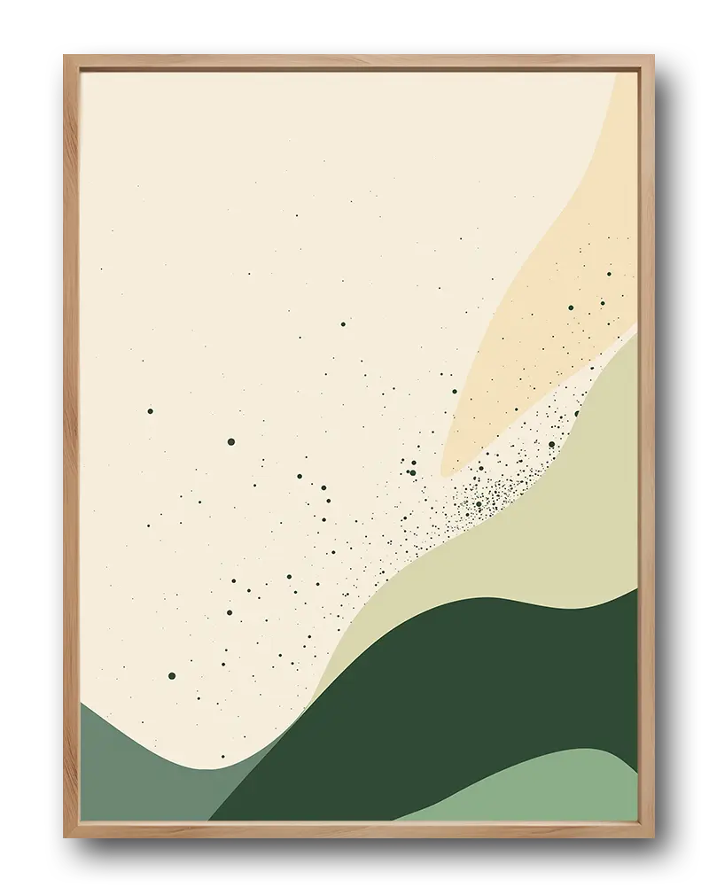 A minimalistic abstract design featuring soft green waves and speckled textures on a beige background. This calming wall art is perfect for creating a serene atmosphere in modern living spaces