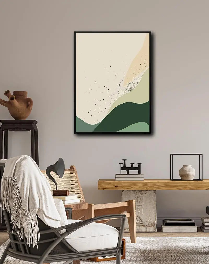 A minimalistic abstract design featuring soft green waves and speckled textures on a beige background. This calming wall art is perfect for creating a serene atmosphere in modern living spaces