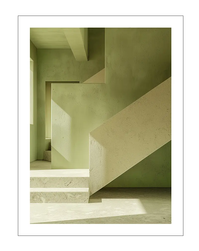 A minimalist architectural scene featuring green walls and geometric shadows from a staircase. This modern wall art is perfect for enhancing contemporary interiors with a sleek and serene aesthetic