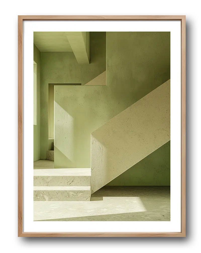 A minimalist architectural scene featuring green walls and geometric shadows from a staircase. This modern wall art is perfect for enhancing contemporary interiors with a sleek and serene aesthetic