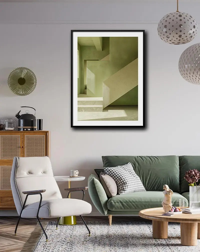 A minimalist architectural scene featuring green walls and geometric shadows from a staircase. This modern wall art is perfect for enhancing contemporary interiors with a sleek and serene aesthetic