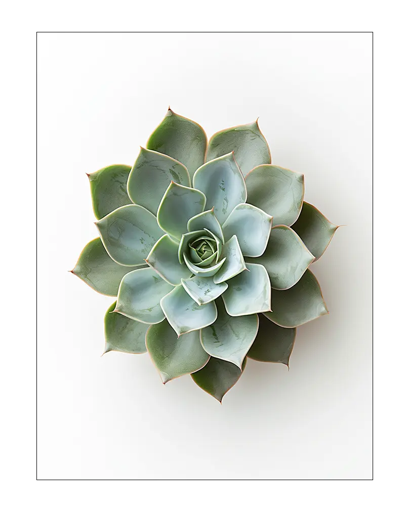 A detailed close-up of a succulent plant with soft green leaves arranged in a perfect rosette. This botanical wall art is perfect for adding a fresh and calming touch to any space