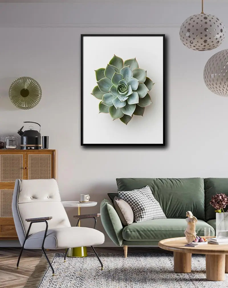 A detailed close-up of a succulent plant with soft green leaves arranged in a perfect rosette. This botanical wall art is perfect for adding a fresh and calming touch to any space