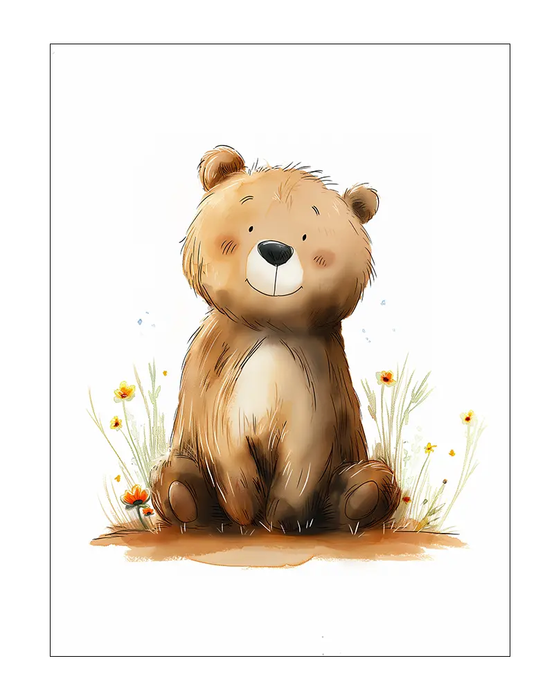 A charming illustration of a cute bear sitting among wildflowers with a friendly expression. This adorable wall art poster adds a delightful and playful touch to a child's room or nursery