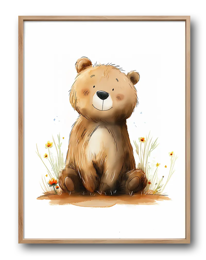 A charming illustration of a cute bear sitting among wildflowers with a friendly expression. This adorable wall art poster adds a delightful and playful touch to a child's room or nursery