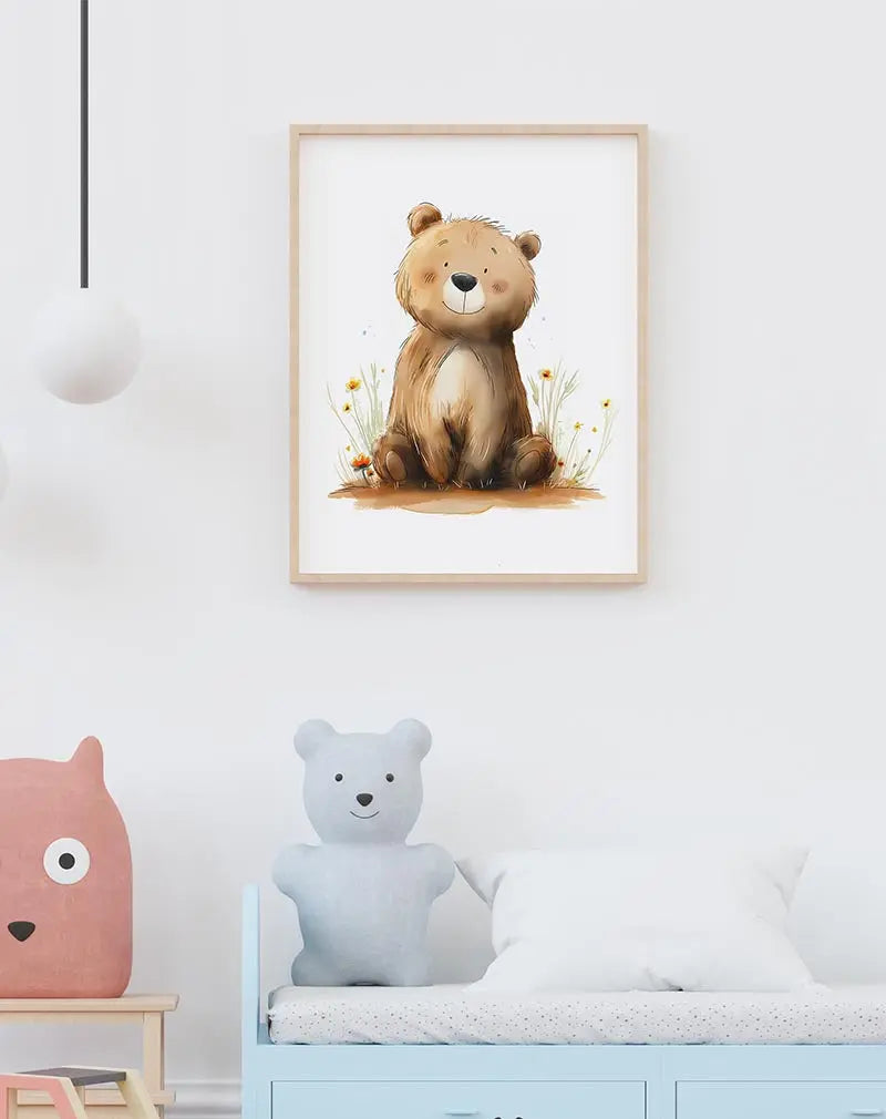 A charming illustration of a cute bear sitting among wildflowers with a friendly expression. This adorable wall art poster adds a delightful and playful touch to a child's room or nursery