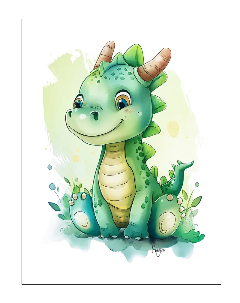 A delightful illustration of a cute green dragon with friendly eyes and small horns, sitting among leaves. This charming wall art illustration adds a whimsical and fun atmosphere to any children's room or nursery