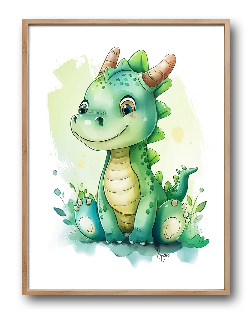 A delightful illustration of a cute green dragon with friendly eyes and small horns, sitting among leaves. This charming wall art illustration adds a whimsical and fun atmosphere to any children's room or nursery