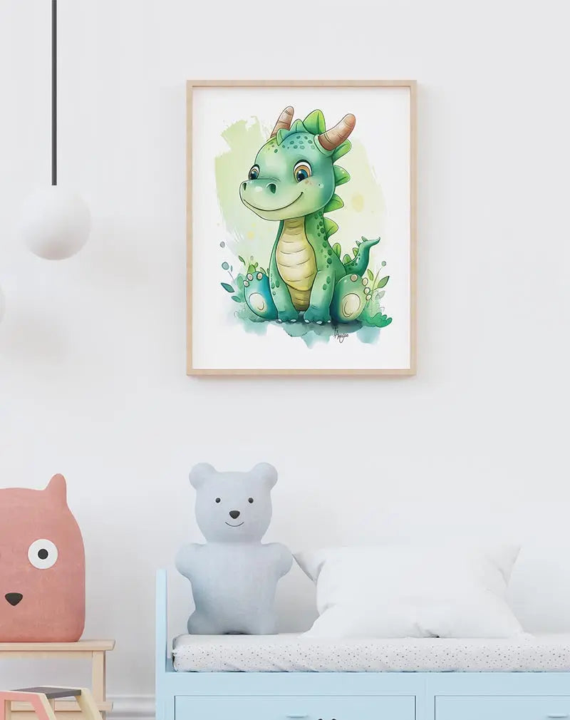 A delightful illustration of a cute green dragon with friendly eyes and small horns, sitting among leaves. This charming wall art illustration adds a whimsical and fun atmosphere to any children's room or nursery