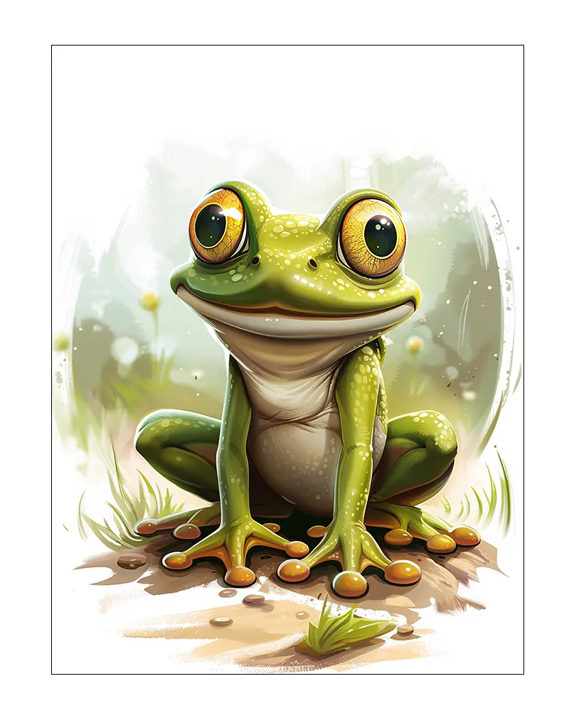 A charming illustration of a frog with large eyes, sitting on a patch of grass. Perfect wall art for a playful and nature-themed decor.