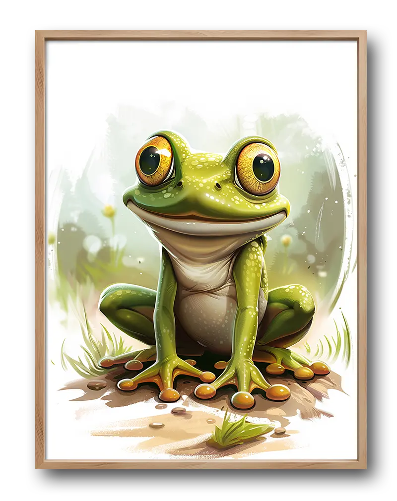 A charming illustration of a frog with large eyes, sitting on a patch of grass. Perfect wall art for a playful and nature-themed decor.