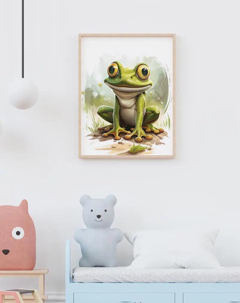 A charming illustration of a frog with large eyes, sitting on a patch of grass. Perfect wall art for a playful and nature-themed decor.