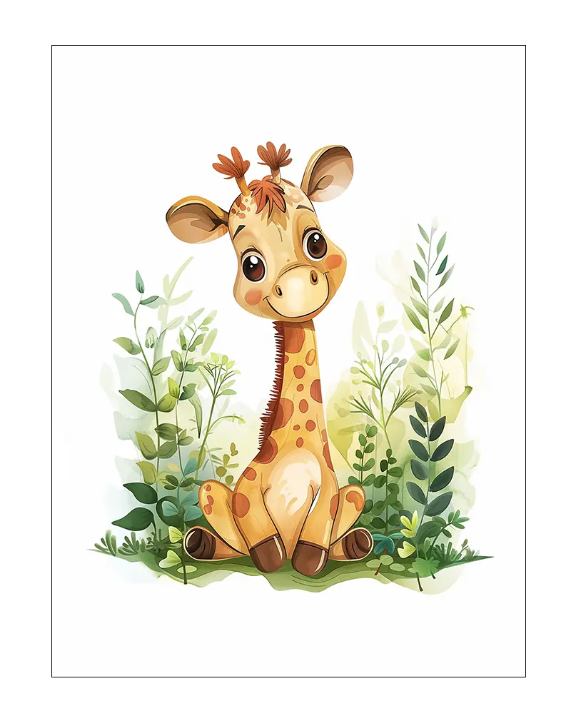 An adorable illustration of a smiling baby giraffe sitting among lush green leaves. This charming wall art illustration is perfect for adding a playful and gentle touch to a nursery or children's room