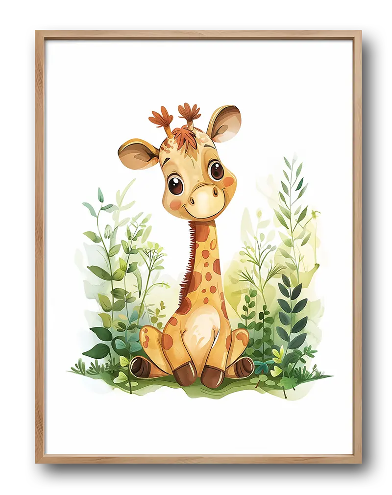 An adorable illustration of a smiling baby giraffe sitting among lush green leaves. This charming wall art illustration is perfect for adding a playful and gentle touch to a nursery or children's room