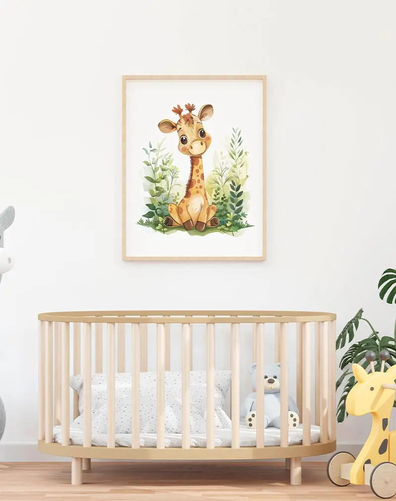 An adorable illustration of a smiling baby giraffe sitting among lush green leaves. This charming wall art illustration is perfect for adding a playful and gentle touch to a nursery or children's room