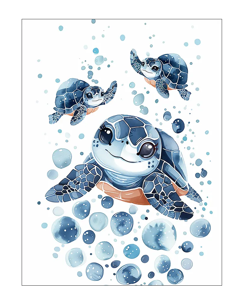 A delightful illustration of three baby sea turtles swimming with bubbles. This wall art illustration is perfect for creating a whimsical and calming atmosphere in a children's room or nursery, bringing a touch of the ocean into the home