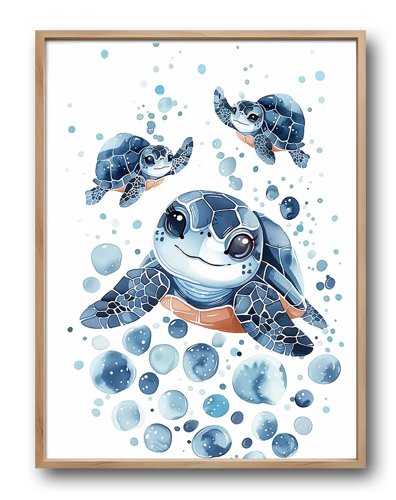 A delightful illustration of three baby sea turtles swimming with bubbles. This wall art illustration is perfect for creating a whimsical and calming atmosphere in a children's room or nursery, bringing a touch of the ocean into the home