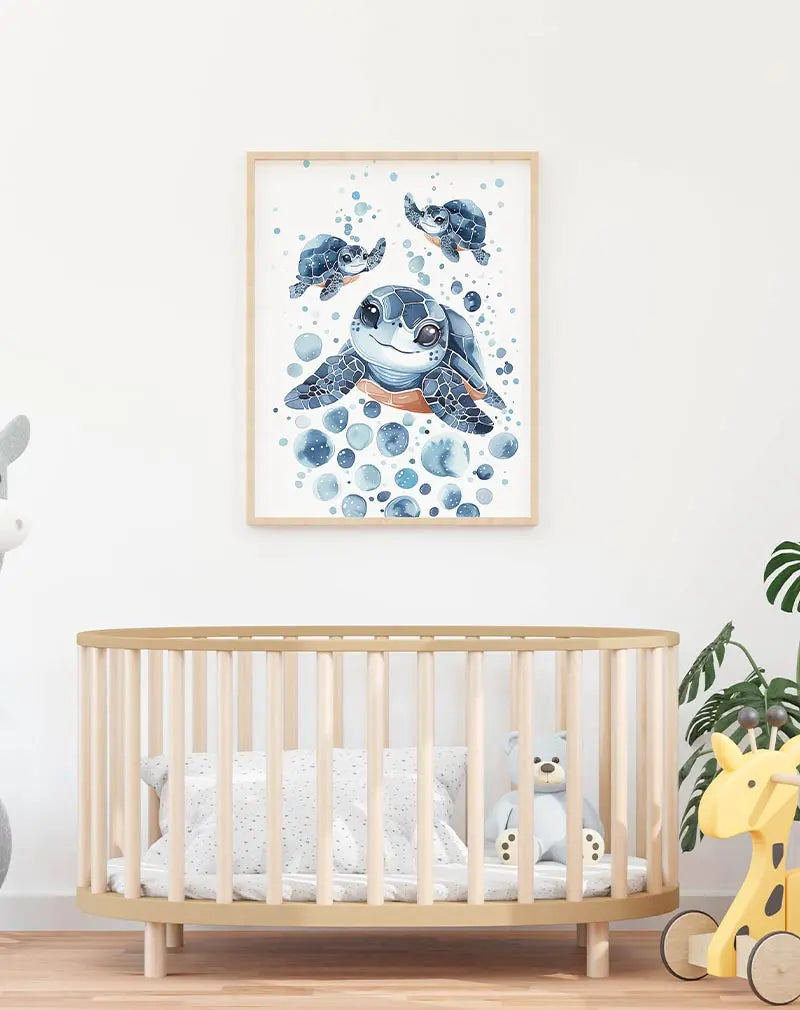 A delightful illustration of three baby sea turtles swimming with bubbles. This wall art illustration is perfect for creating a whimsical and calming atmosphere in a children's room or nursery, bringing a touch of the ocean into the home