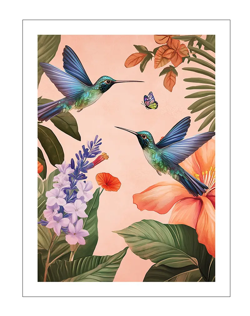 A vibrant illustration of two hummingbirds hovering among tropical flowers and foliage. Perfect wall art or poster for adding a lively and exotic touch to any space, bringing nature's beauty indoors