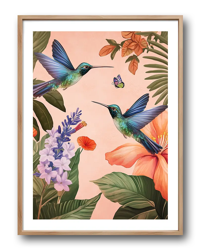 A vibrant illustration of two hummingbirds hovering among tropical flowers and foliage. Perfect wall art or poster for adding a lively and exotic touch to any space, bringing nature's beauty indoors