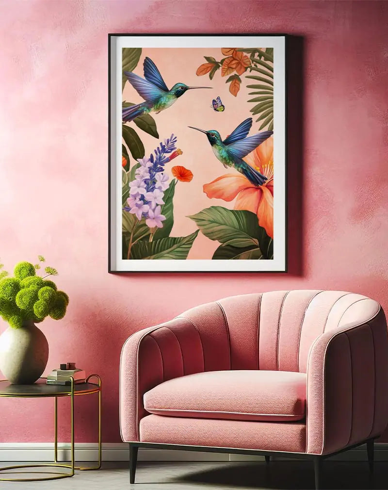 A vibrant illustration of two hummingbirds hovering among tropical flowers and foliage. Perfect wall art or poster for adding a lively and exotic touch to any space, bringing nature's beauty indoors