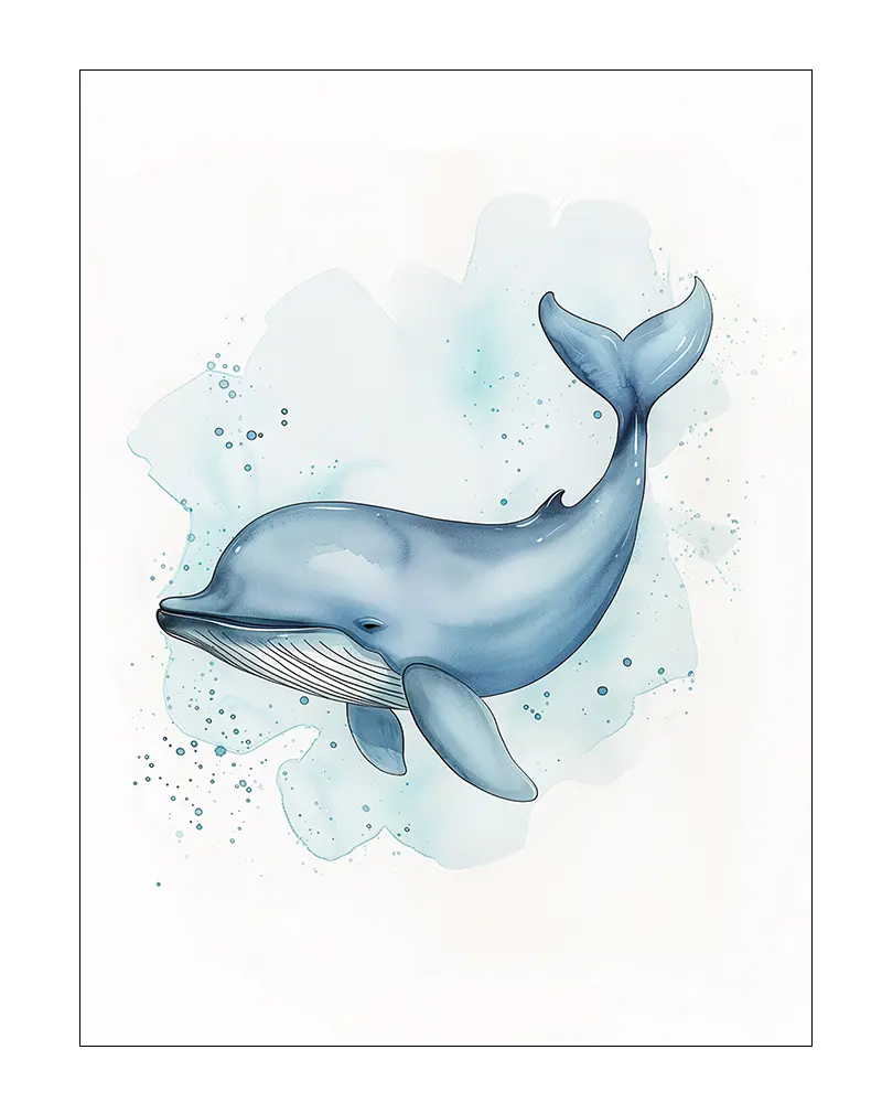 A serene illustration of a blue whale swimming in gentle waters. This wall art illustration is perfect for a peaceful and calming addition to any space, ideal for ocean lovers or a nature-inspired decor