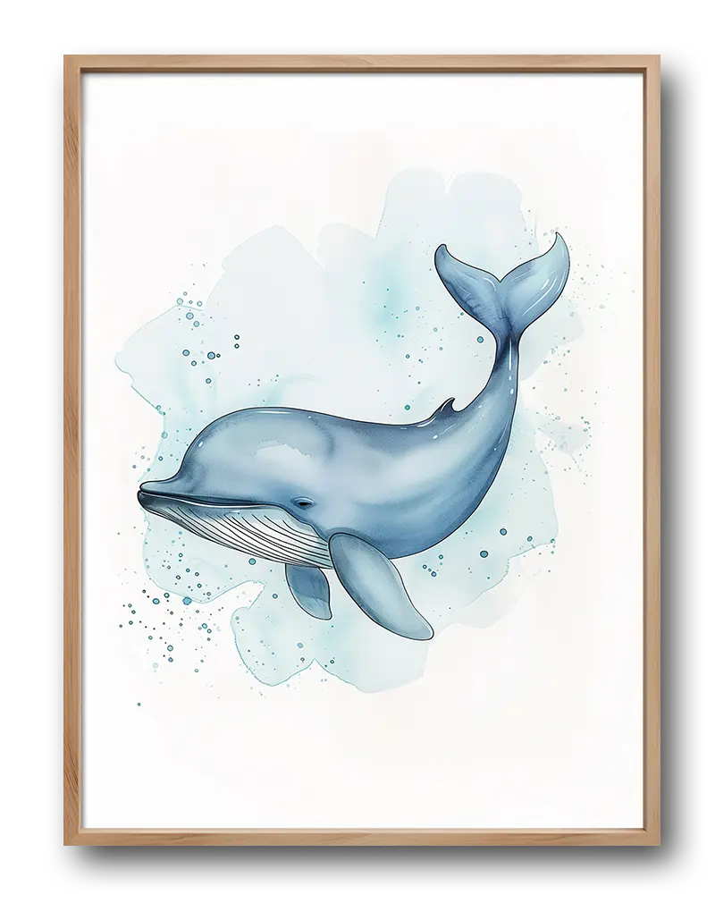 A serene illustration of a blue whale swimming in gentle waters. This wall art illustration is perfect for a peaceful and calming addition to any space, ideal for ocean lovers or a nature-inspired decor