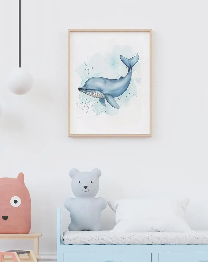 A serene illustration of a blue whale swimming in gentle waters. This wall art illustration is perfect for a peaceful and calming addition to any space, ideal for ocean lovers or a nature-inspired decor