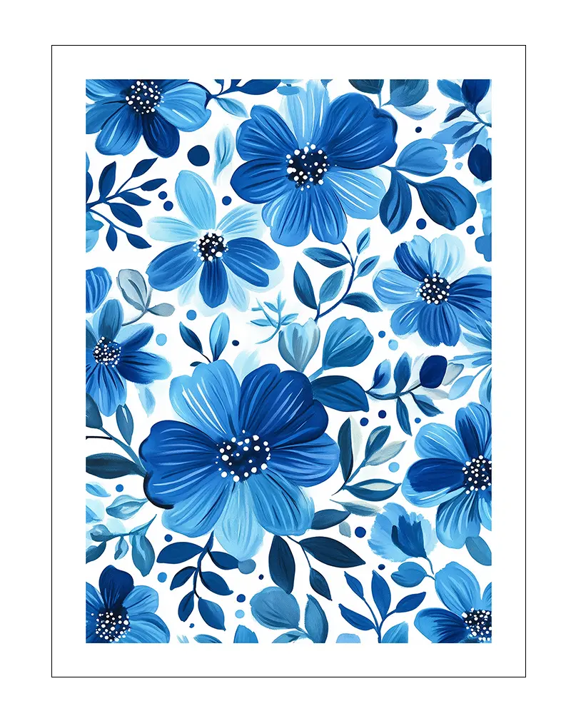 A charming illustration of blue flowers in a decorative pattern, with various shades of blue leaves and blossoms. Perfect wall art or poster for adding a calm and fresh botanical touch to your space