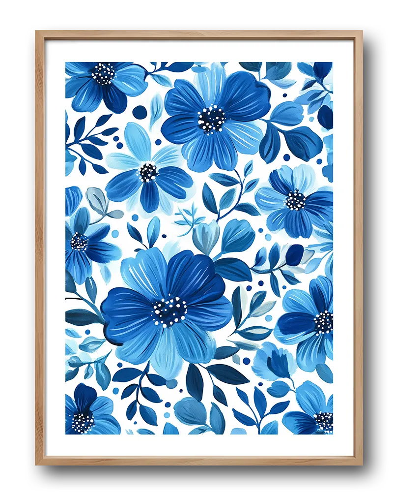 A charming illustration of blue flowers in a decorative pattern, with various shades of blue leaves and blossoms. Perfect wall art or poster for adding a calm and fresh botanical touch to your space