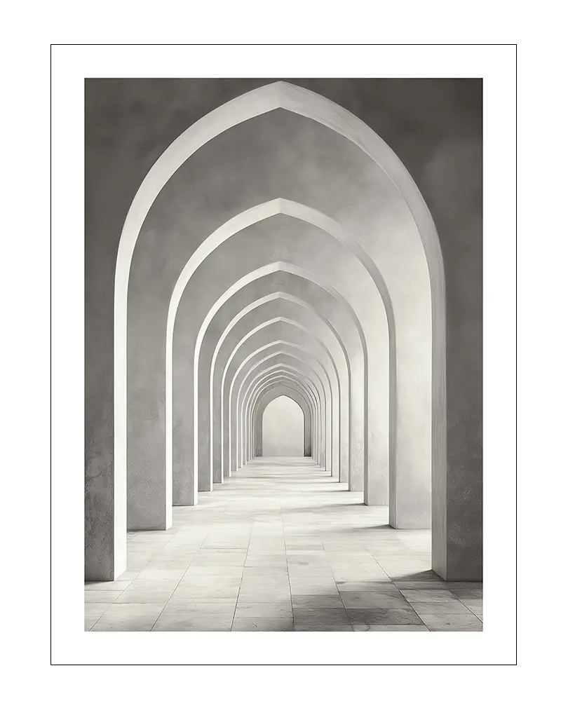 A mesmerizing architectural illustration of infinite arches in soft, neutral tones. This modern wall art creates a sense of endless depth and symmetry, perfect for contemporary interiors seeking a minimalist touch with a timeless feel