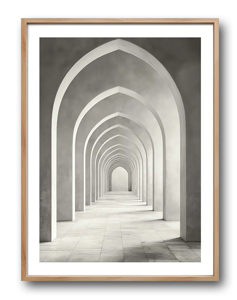 A mesmerizing architectural illustration of infinite arches in soft, neutral tones. This modern wall art creates a sense of endless depth and symmetry, perfect for contemporary interiors seeking a minimalist touch with a timeless feel