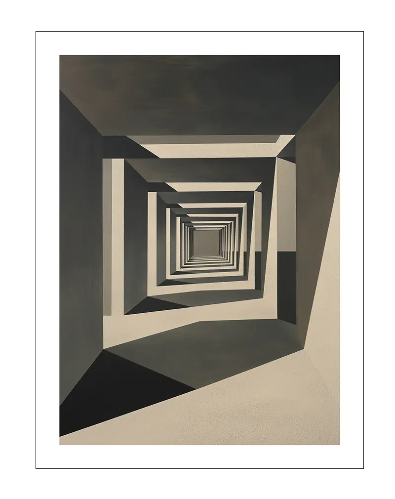 An abstract geometric design of a tunnel-like structure with repeating patterns of shadow and light. This wall art illustration brings a sense of depth and modern sophistication, ideal for a minimalist or contemporary space